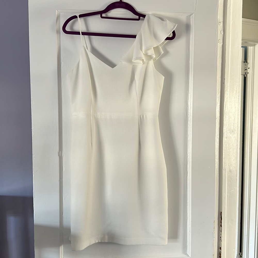 Club Monaco White Dress with Ruffle Shoulder Detail